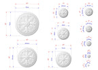 various sizes of decorative moldings or wall carvings, each with its own unique design. The sizes are indicated in centimeters, with the largest one being 30 cm and the smallest one being 6 cm. The image is a collection of these decorative elements, showcasing different styles and dimensions.
