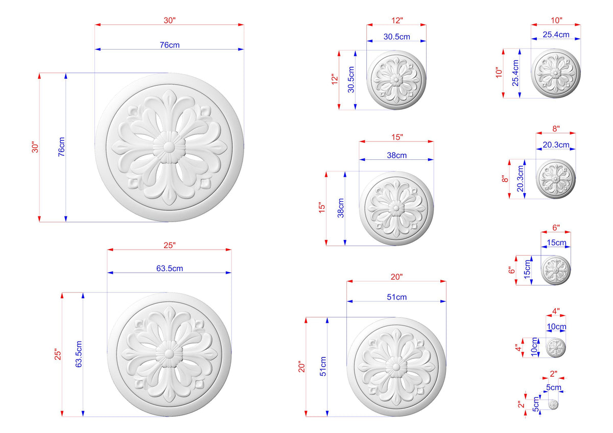various sizes of decorative moldings or wall carvings, each with its own unique design. The sizes are indicated in centimeters, with the largest one being 30 cm and the smallest one being 6 cm. The image is a collection of these decorative elements, showcasing different styles and dimensions.