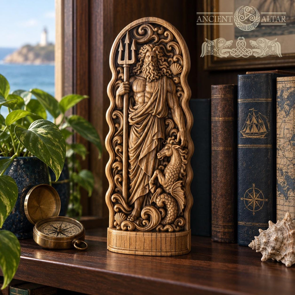 Neptune Wooden Statue, Roman Sea God Figurine, Poseidon Sculpture with Trident, Pagan Altar Decor, Ancient Mythology Gift