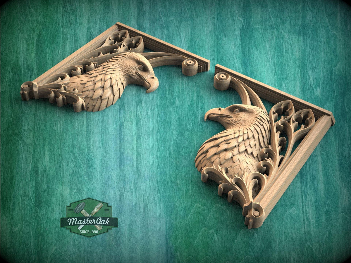 Carved Wood Eagle Corner Onlays, Mirrored Pair with Gothic Scrollwork