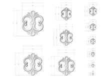 Load image into Gallery viewer, a collection of stylized, decorative designs or patterns, including a central motif and several smaller variations. The designs are presented in a grid format with measurements and scale, suggesting they are intended for a technical or architectural purpose.
