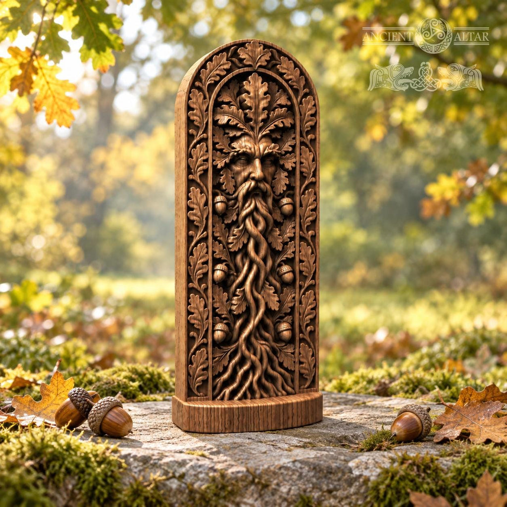 Green Man Sculpture with Twisting Roots, Solid Oak Forest Guardian, Woodland Altar Statue, Acorn and Leaf Decor, Pagan Gift