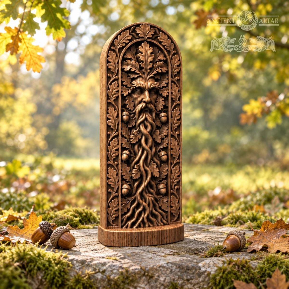Green Man Sculpture with Twisting Roots, Solid Oak Forest Guardian, Woodland Altar Statue, Acorn and Leaf Decor, Pagan Gift
