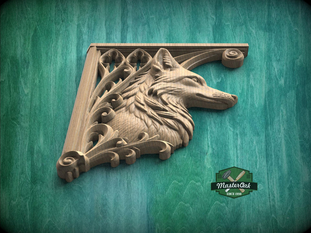 Carved Wood Fox Corner Onlays, Mirrored Pair with Gothic Scrollwork