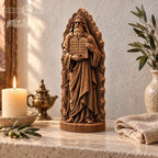 Moses Statue with Rocky Backdrop, Oak Wood Ten Commandments Sculpture, Biblical Prophet Figurine, Judaica Decor, Religious Gift