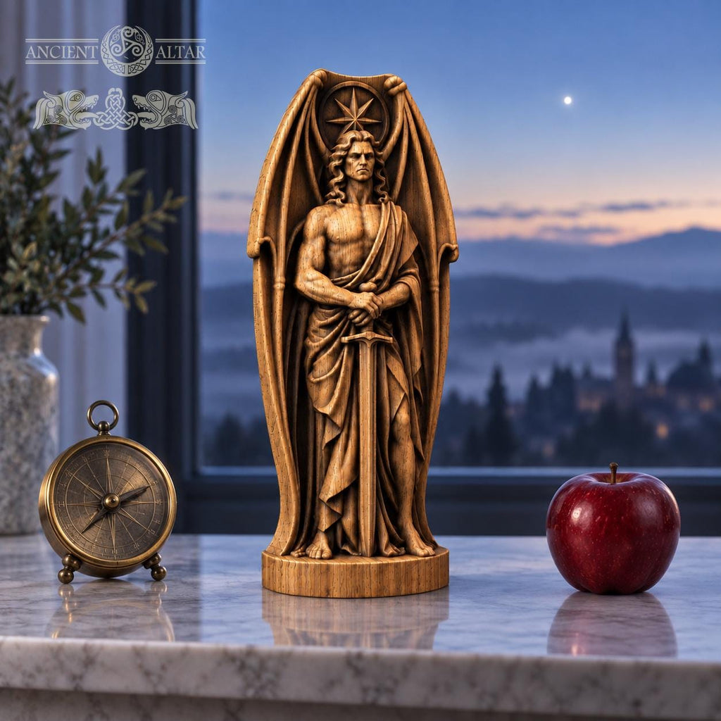 Lucifer Sword Statue with Bat Wings, Solid Oak Fallen Angel, Dark Fantasy Sculpture, Gothic Home Decor, Occult Altar Figurine