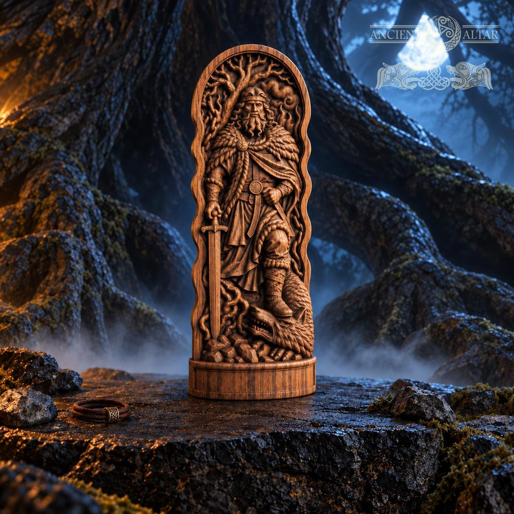 Carved Vidar Figure – Norse God of Vengeance, Viking Pagan Altar Decor, Wooden Mythology Statue