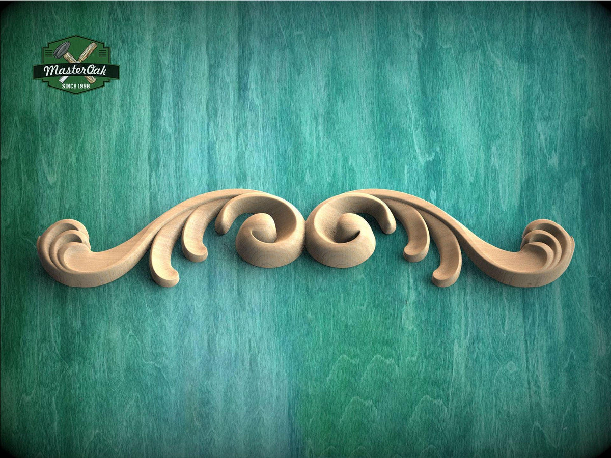 a wooden carving of a wave on a green background