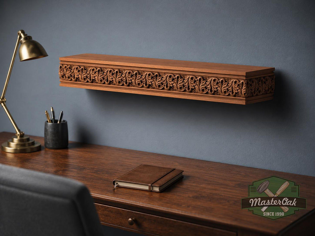 Carved Solid Oak Fireplace Mantel Shelf with Acanthus Leaves, Ornate Floating Wall Shelf, Classical Wood Home Decor