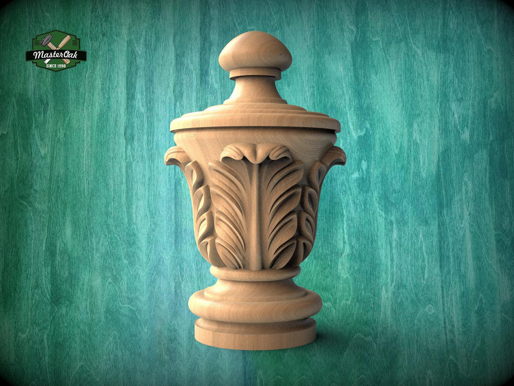 Unpainted Hardwood Finial with Acanthus Leaves, Newel Post Cap