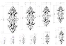 Load image into Gallery viewer, a collection of ornate, decorative designs in a 3D style, with measurements provided for each design.

