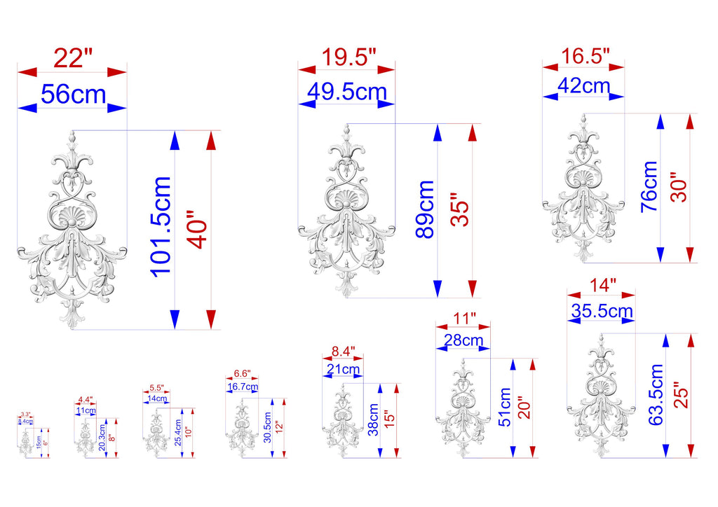 a series of ornate designs or patterns, each accompanied by its own set of measurements in centimeters. The designs vary in size and complexity, ranging from small to large, and are arranged in a grid-like pattern. The measurements provided for each design are clearly labeled, allowing for a detailed understanding of the size and dimensions of each pattern.