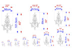 a series of ornate designs or patterns, each accompanied by its own set of measurements in centimeters. The designs vary in size and complexity, ranging from small to large, and are arranged in a grid-like pattern. The measurements provided for each design are clearly labeled, allowing for a detailed understanding of the size and dimensions of each pattern.
