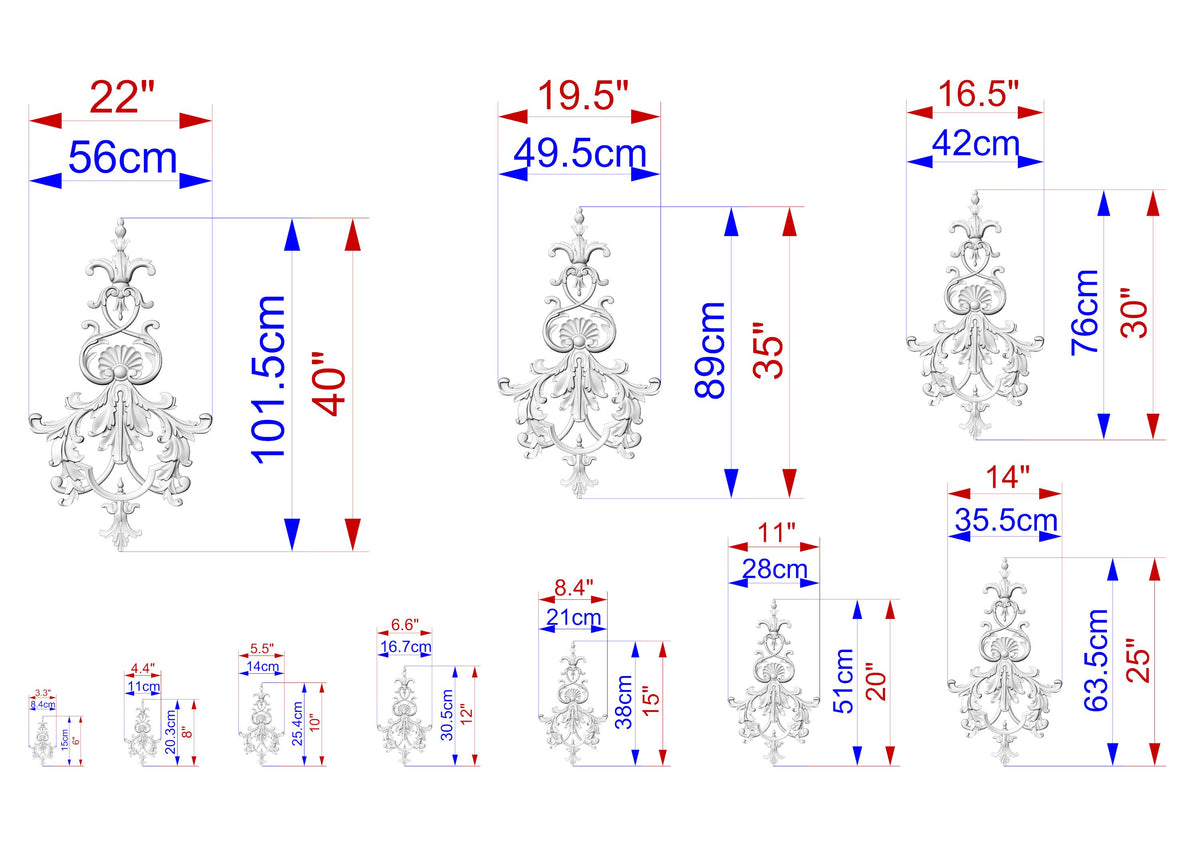 a series of ornate designs or patterns, each accompanied by its own set of measurements in centimeters. The designs vary in size and complexity, ranging from small to large, and are arranged in a grid-like pattern. The measurements provided for each design are clearly labeled, allowing for a detailed understanding of the size and dimensions of each pattern.