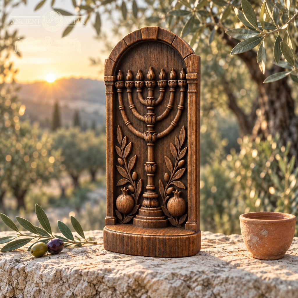 Menorah Oak Wood Sculpture, Seven Branch Menorah with Olive Branches and Pomegranates, Judaica Decor, Jewish Housewarming Gift