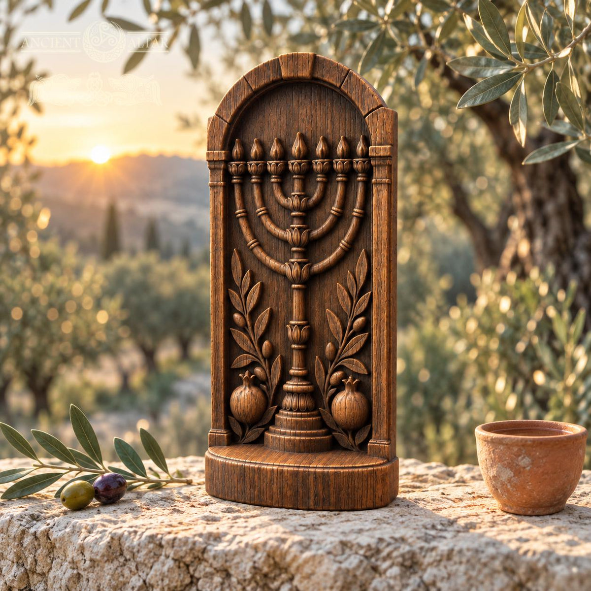 Menorah Oak Wood Sculpture, Seven Branch Menorah with Olive Branches and Pomegranates, Judaica Decor, Jewish Housewarming Gift