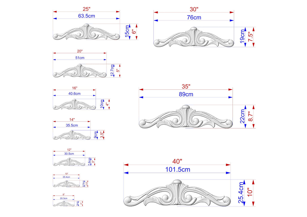 a collection of seven different designs or sculptures, each with its own unique size and dimensions. The sizes are provided in centimeters, ranging from 25 to 87 centimeters. The designs vary in shape and style, showcasing a diverse range of artistic elements.