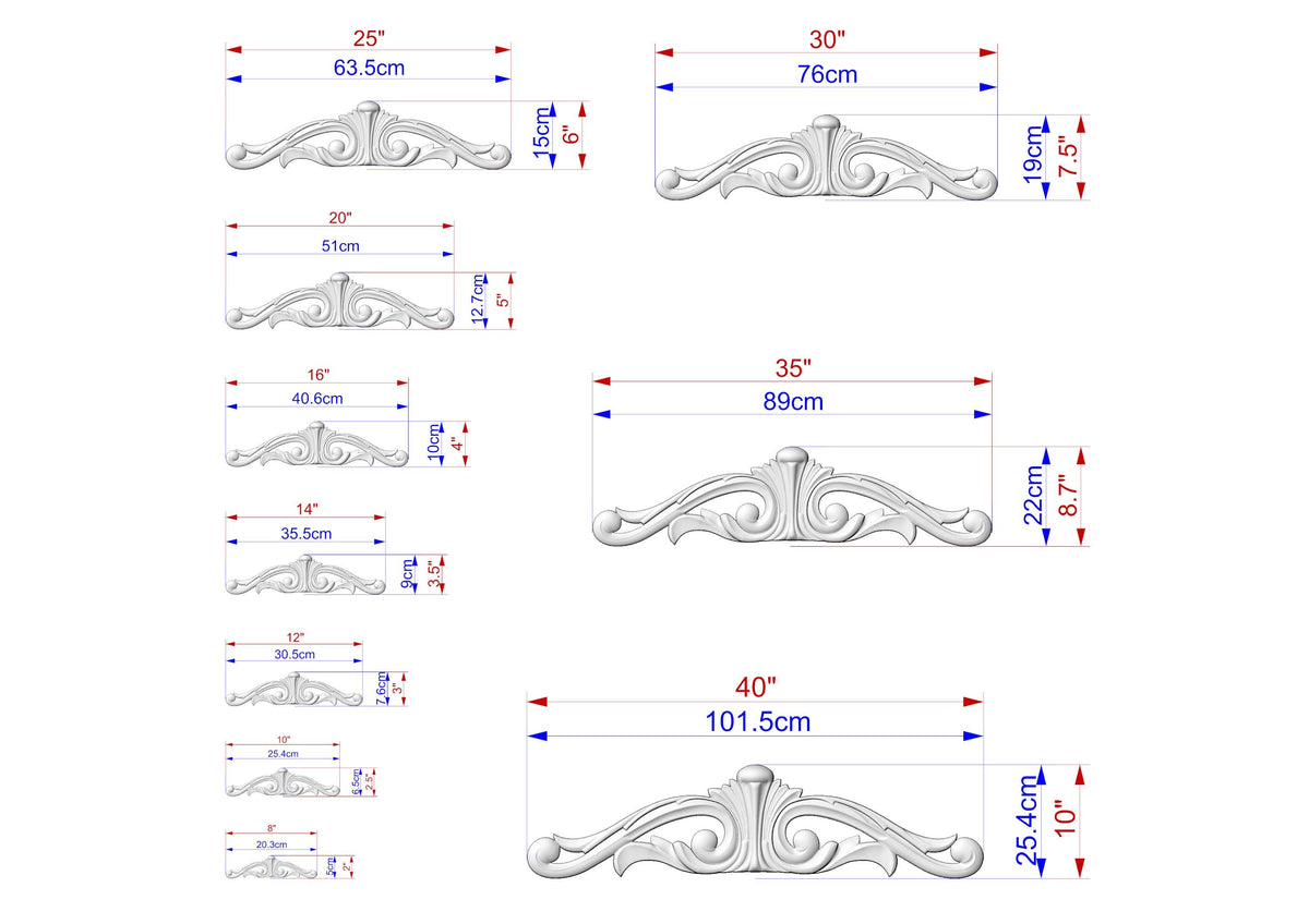 a collection of seven different designs or sculptures, each with its own unique size and dimensions. The sizes are provided in centimeters, ranging from 25 to 87 centimeters. The designs vary in shape and style, showcasing a diverse range of artistic elements.