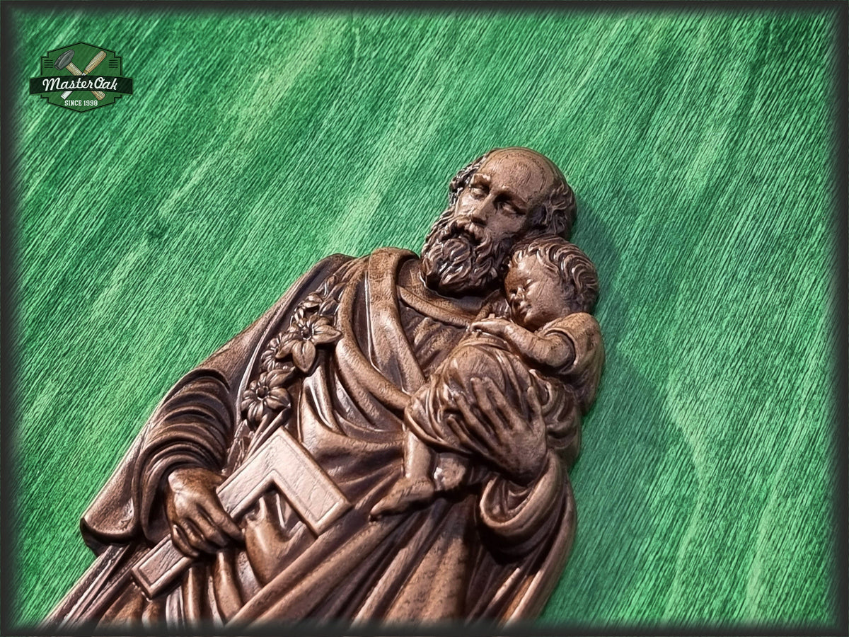 St. Joseph Holding Baby Jesus Wooden Sculpture, Catholic Religious Statue