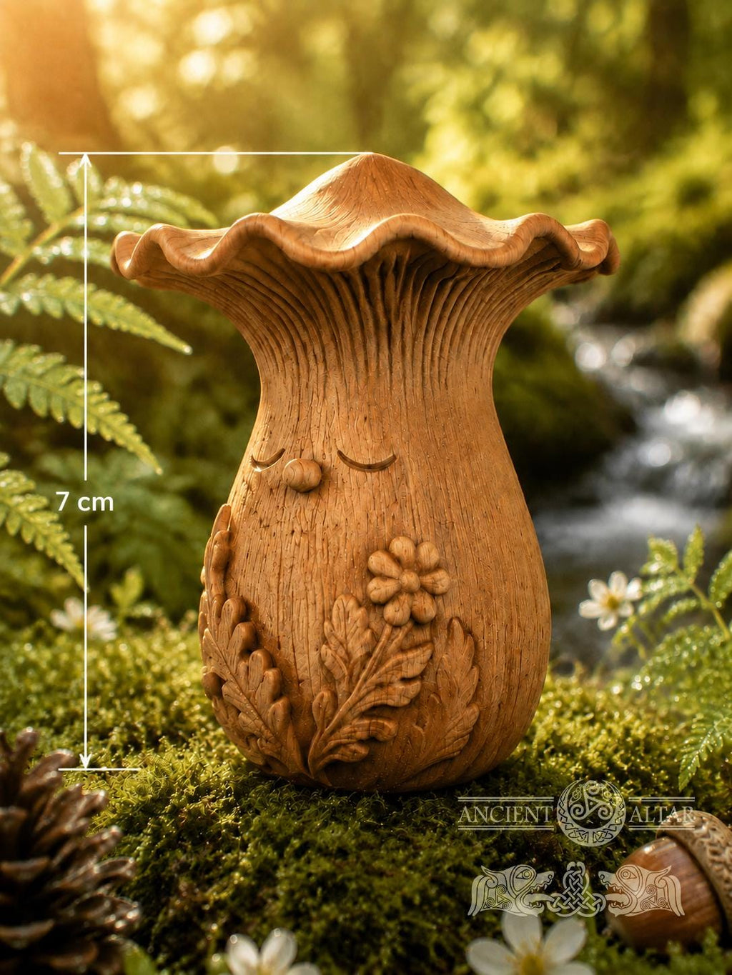 Wooden Chanterelle Forest Spirit Figurine, Oak Mushroom Guardian, 2.76 in