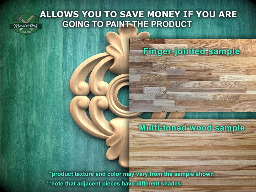 The image is a promotional advertisement for Master Oak Paint, showcasing two different types of wood samples. The left side displays a finger-jointed sample, while the right side shows a multi-toned wood sample. The text on the image provides information about the product, including the possibility of different product textures and colors, and notes that adjacent pieces may have different shades.