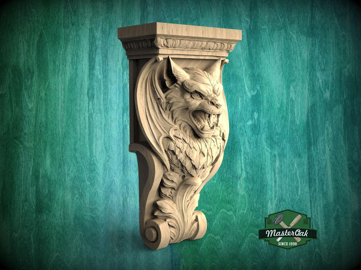 A carved stone wall bracket with a fierce-looking lion's head design, set against a green background.