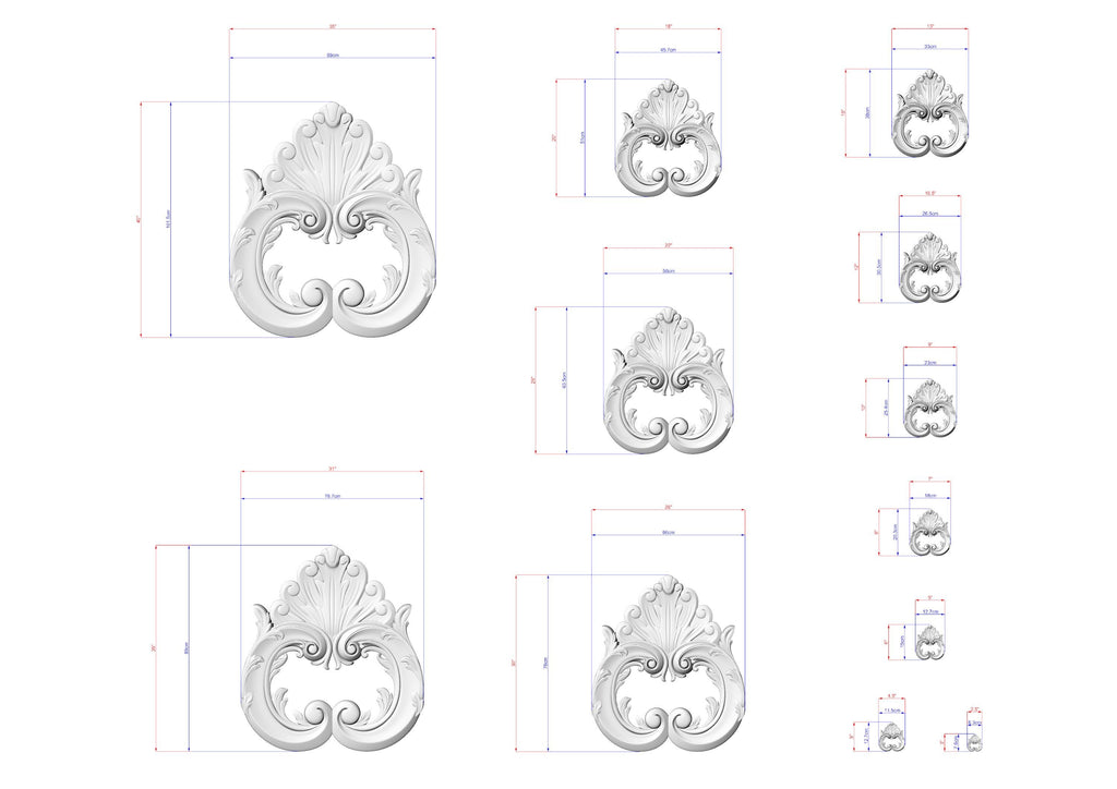 a collection of ornate, decorative white sculptures with intricate designs, likely intended for use in a design or architectural context.