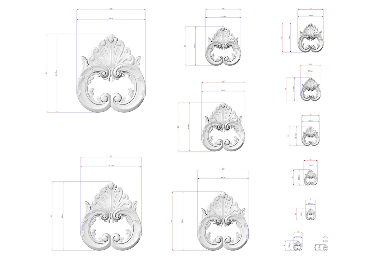a collection of ornate, decorative white sculptures with intricate designs, likely intended for use in a design or architectural context.