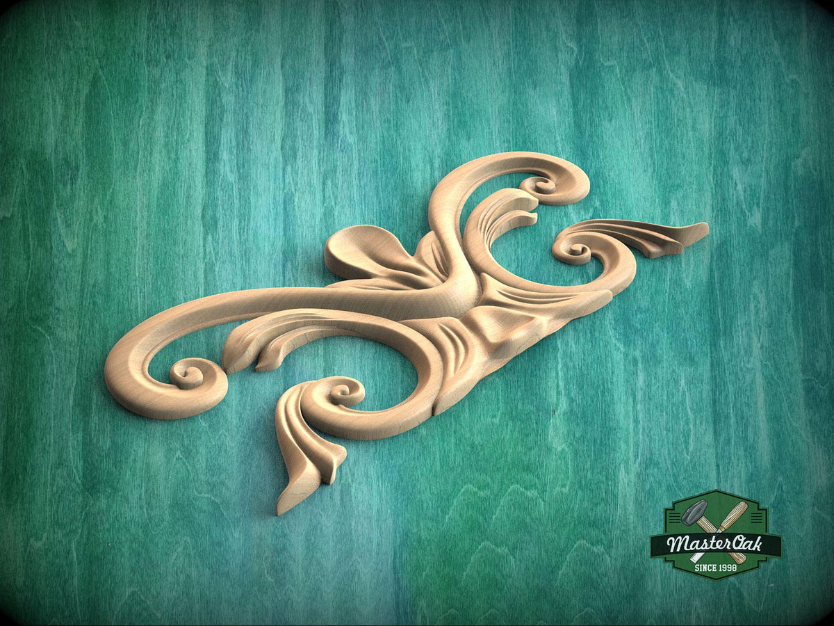 A decorative wooden carving with intricate swirls and curves is displayed against a green wooden background.