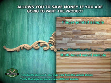 Load image into Gallery viewer, The image is a collage of two wood samples, one with a finger-joined sample and the other with a multi-toned wood sample. The text above the samples states that the product allows you to save money if you are going to paint the product. The finger-joined sample is a smaller, more detailed image of the larger multi-toned wood sample. The text below the samples mentions that the product texture and color may vary from the sample shown, and that adjacent pieces have different shades.
