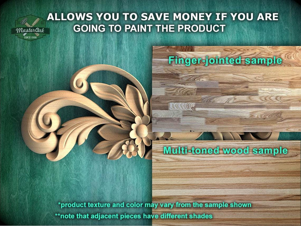 The image is a promotional advertisement for Master Oak, a company that specializes in painting products. It features a close-up of a wooden sample with a floral design, along with a sample of multi-toned wood. The text on the image provides information about the product, including that it allows for savings if the customer is going to paint the product, and that the product texture and color may vary from the sample shown. The image also mentions that adjacent pieces have different shades.