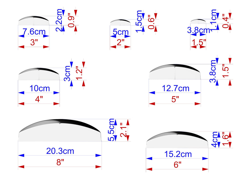 a series of six different sizes of objects, each labeled with its corresponding measurement in centimeters. The objects are arranged in a grid-like pattern, with each object being a different size. The sizes are labeled from 7.6 cm to 3.8 cm, with intermediate measurements such as 10 cm, 12.7 cm, and 5 cm. The image does not contain any text that can be described in fewer than 500 characters.