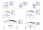 a series of six different sizes of objects, each labeled with its corresponding measurement in centimeters. The objects are arranged in a grid-like pattern, with each object being a different size. The sizes are labeled from 7.6 cm to 3.8 cm, with intermediate measurements such as 10 cm, 12.7 cm, and 5 cm. The image does not contain any text that can be described in fewer than 500 characters.
