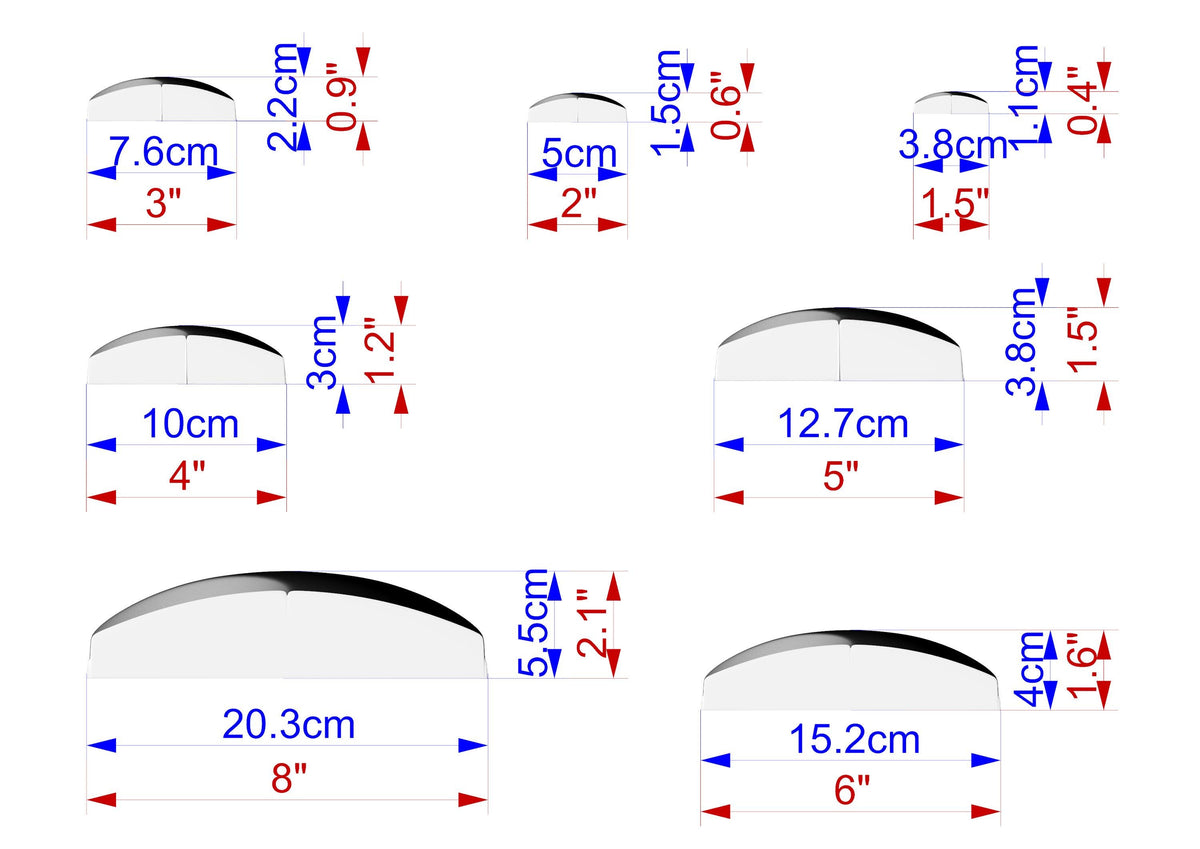 a series of six different sizes of objects, each labeled with its corresponding measurement in centimeters. The objects are arranged in a grid-like pattern, with each object being a different size. The sizes are labeled from 7.6 cm to 3.8 cm, with intermediate measurements such as 10 cm, 12.7 cm, and 5 cm. The image does not contain any text that can be described in fewer than 500 characters.