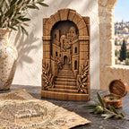 Jerusalem Old City Wood Relief, Solid Oak Architectural Sculpture with Stone Arch and Olive Branches, Judaica Housewarming Gift
