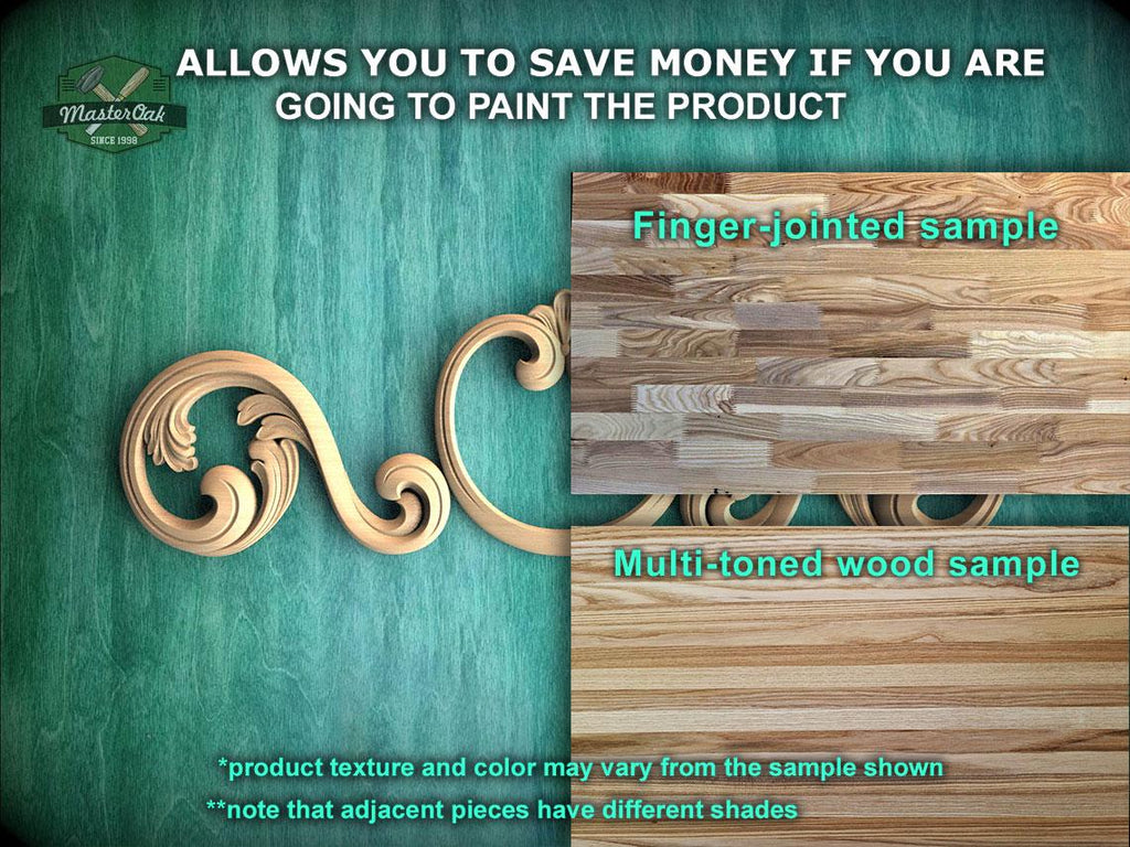 The image is a promotional advertisement for Master Oak, a company that sells wood products. It features a close-up of a wooden sample, highlighting the different textures and colors of the wood. The ad encourages viewers to save money by painting the product, offering a finger-jointed sample and a multi-toned wood sample to choose from. The text emphasizes that the product texture and color may vary from the sample shown, and that adjacent pieces have different shades.
