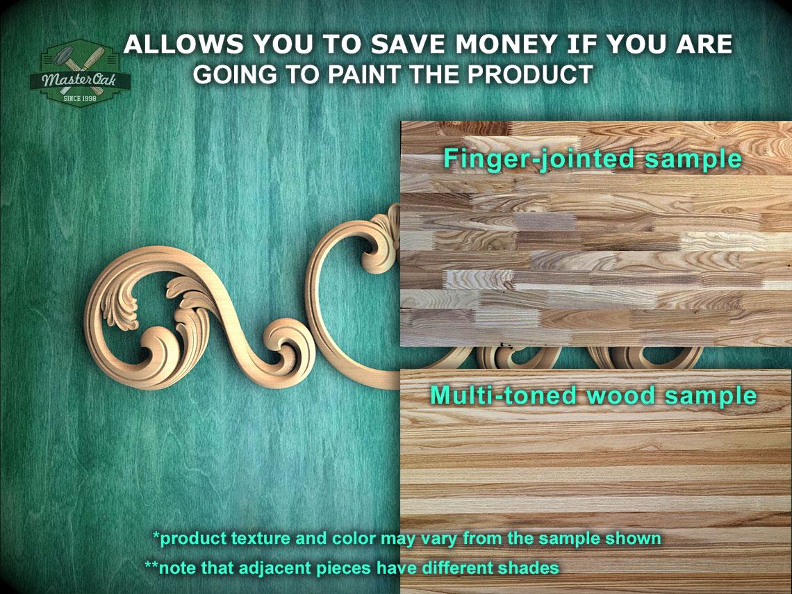 The image is a promotional advertisement for Master Oak, a company that sells wood products. It features a close-up of a wooden sample, highlighting the different textures and colors of the wood. The ad encourages viewers to save money by painting the product, offering a finger-jointed sample and a multi-toned wood sample to choose from. The text emphasizes that the product texture and color may vary from the sample shown, and that adjacent pieces have different shades.