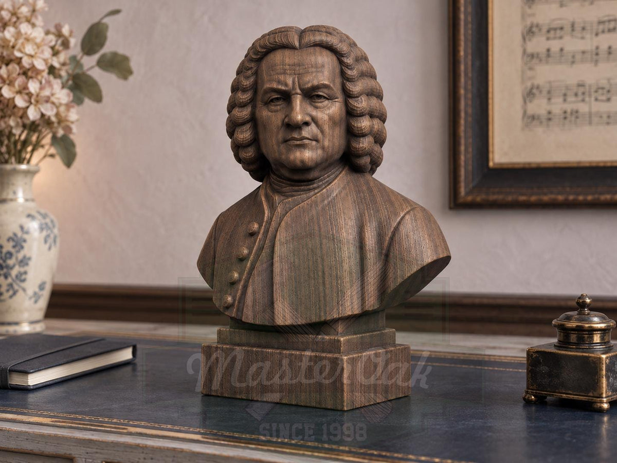 Johann Sebastian Bach Bust, Hand-Finished Wood Sculpture | Baroque Composer Decor