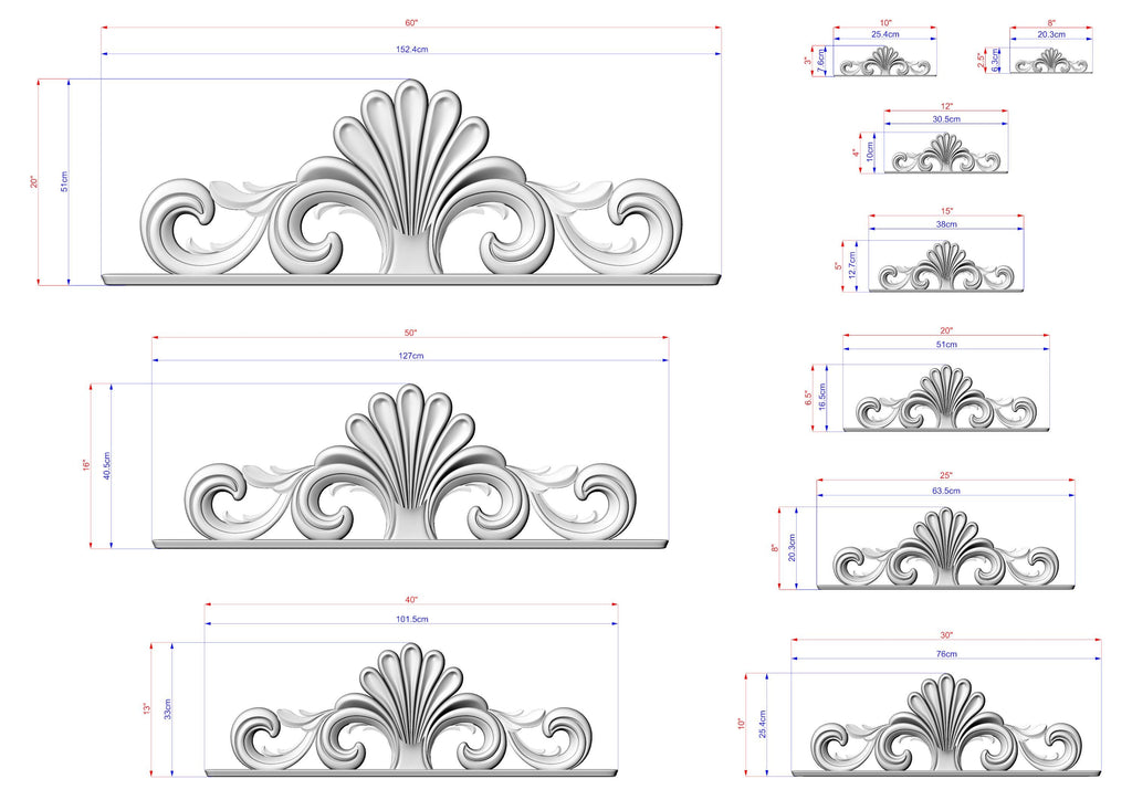 a collection of various sizes of decorative finials, each with a unique design. The finials are depicted in a black and white style, and the image is a technical drawing or diagram with measurements and scale details.