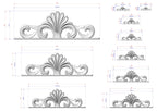 a collection of various sizes of decorative finials, each with a unique design. The finials are depicted in a black and white style, and the image is a technical drawing or diagram with measurements and scale details.