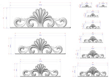 Load image into Gallery viewer, a collection of various sizes of decorative finials, each with a unique design. The finials are depicted in a black and white style, and the image is a technical drawing or diagram with measurements and scale details.
