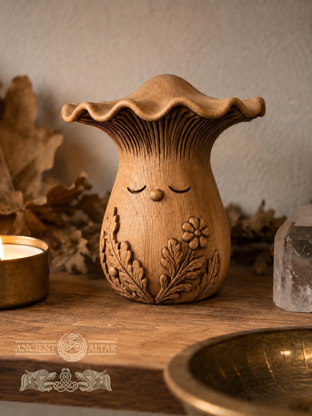 Wooden Chanterelle Forest Spirit Figurine, Oak Mushroom Guardian, 2.76 in