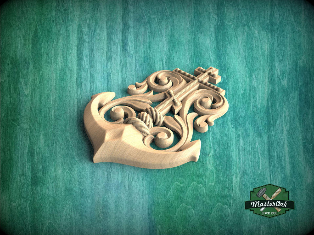 A wooden anchor with intricate carvings is displayed against a teal-colored background.