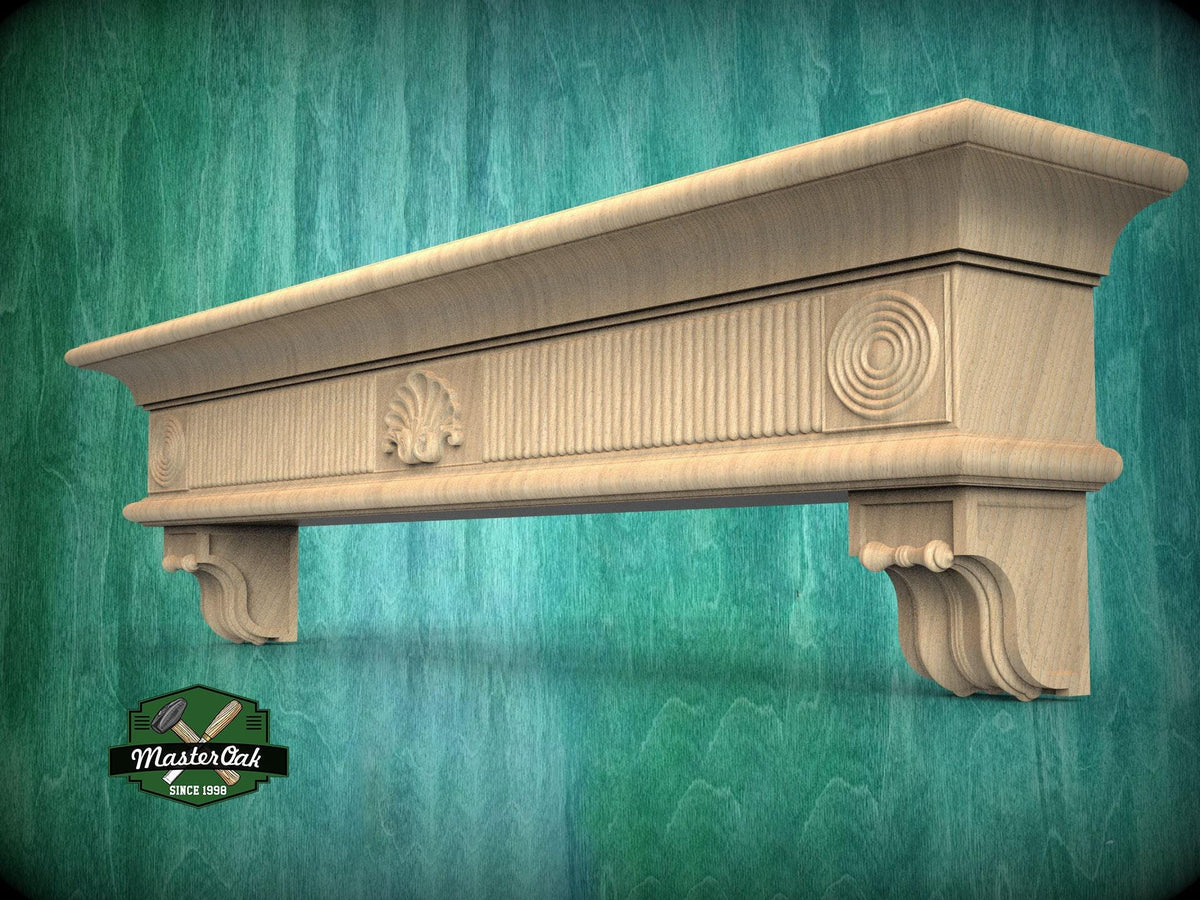 Natural Wood Mantel with Fluted and Scroll Design - Ideal for Interior Enhancement, 1 pc, Unpainted, Mantle with corbels, Floating Shelf