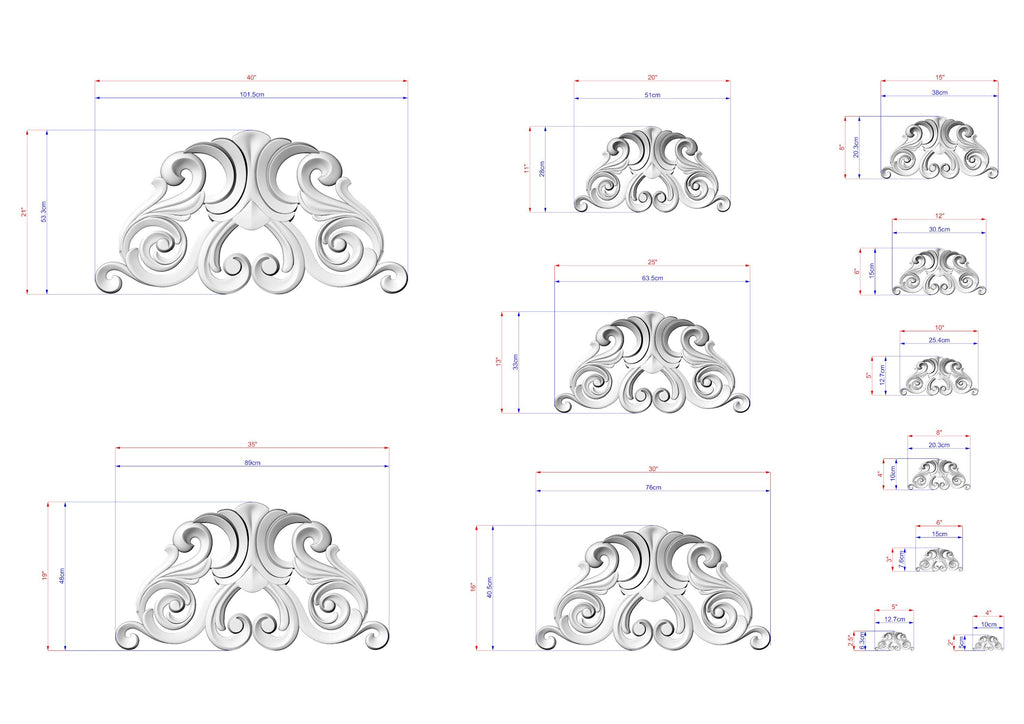 various sizes of ornate, decorative designs with intricate scrollwork and swirl patterns. The designs are presented in different dimensions, ranging from small to large, and are accompanied by corresponding measurements in centimeters.