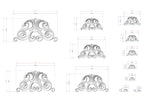 various sizes of ornate, decorative designs with intricate scrollwork and swirl patterns. The designs are presented in different dimensions, ranging from small to large, and are accompanied by corresponding measurements in centimeters.