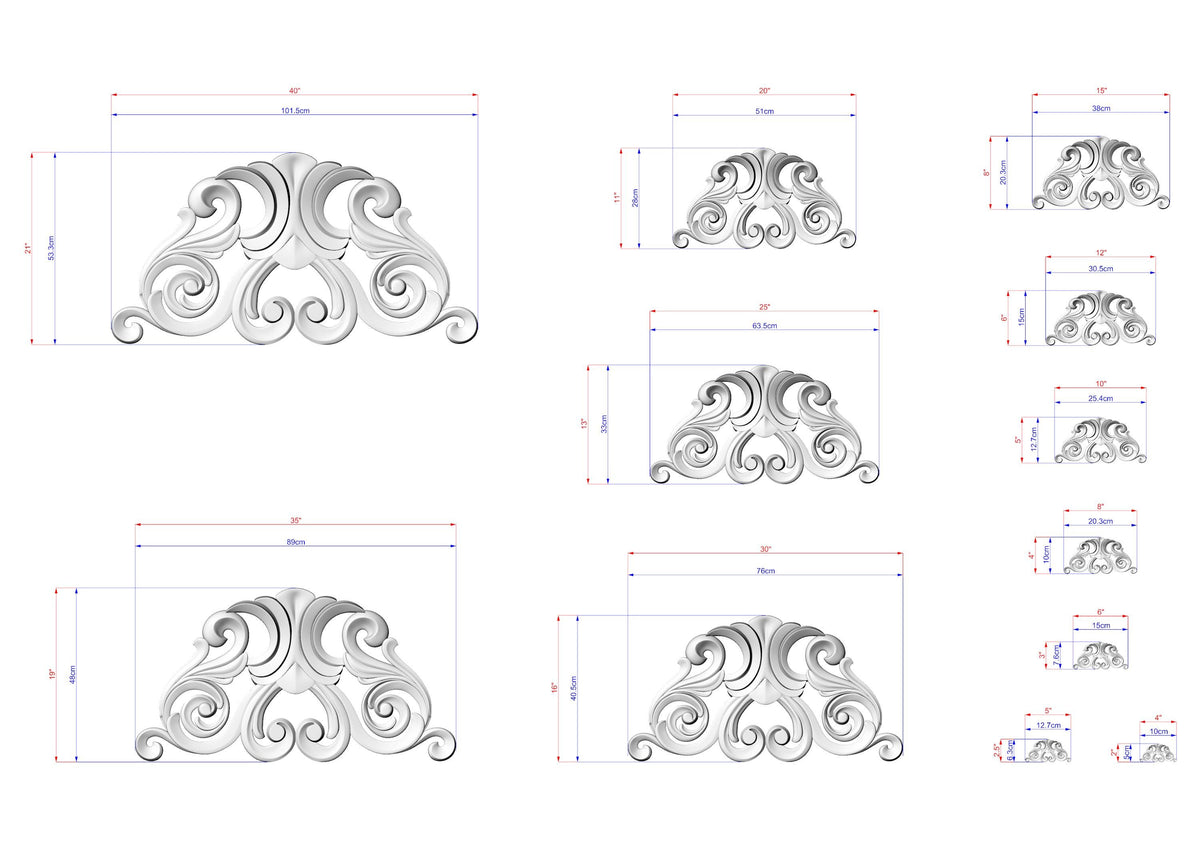 various sizes of ornate, decorative designs with intricate scrollwork and swirl patterns. The designs are presented in different dimensions, ranging from small to large, and are accompanied by corresponding measurements in centimeters.