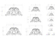 Load image into Gallery viewer, various sizes of ornate, decorative designs with intricate scrollwork and swirl patterns. The designs are presented in different dimensions, ranging from small to large, and are accompanied by corresponding measurements in centimeters.
