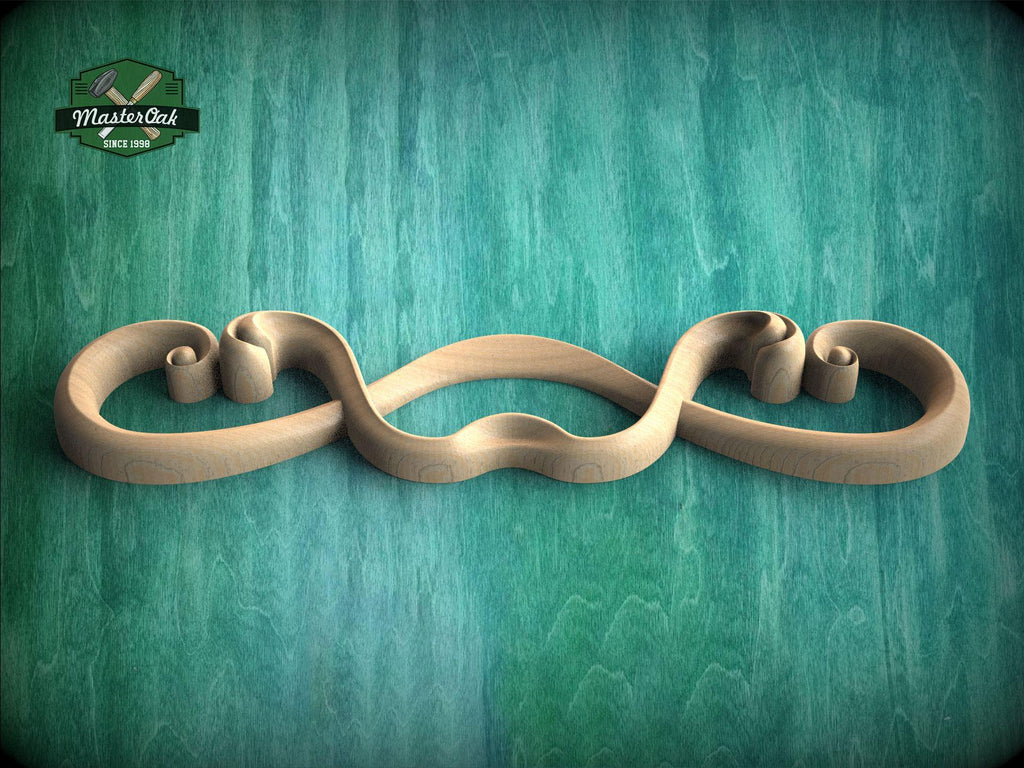 A wooden sculpture with a curved, organic shape is displayed against a teal-colored background.