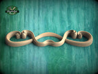 A wooden sculpture with a curved, organic shape is displayed against a teal-colored background.